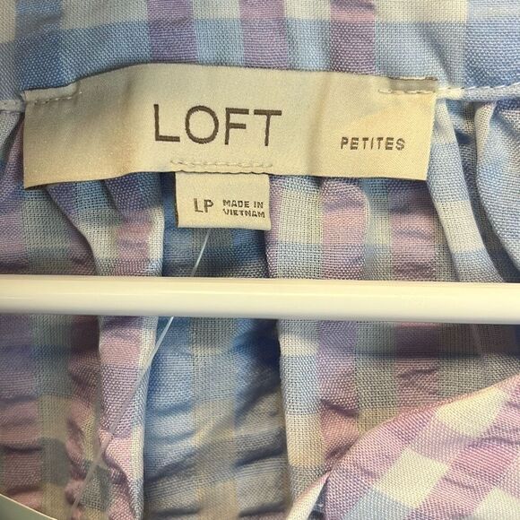 NWT LOFT Large Petite Blouse Puff Sleeve Gingham Pastel Blue Pink LP Tie Spring - Picture 7 of 16
